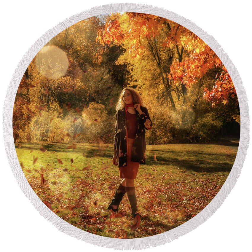 Autumn Round Beach Towel featuring the photograph The day in October by Lilia D