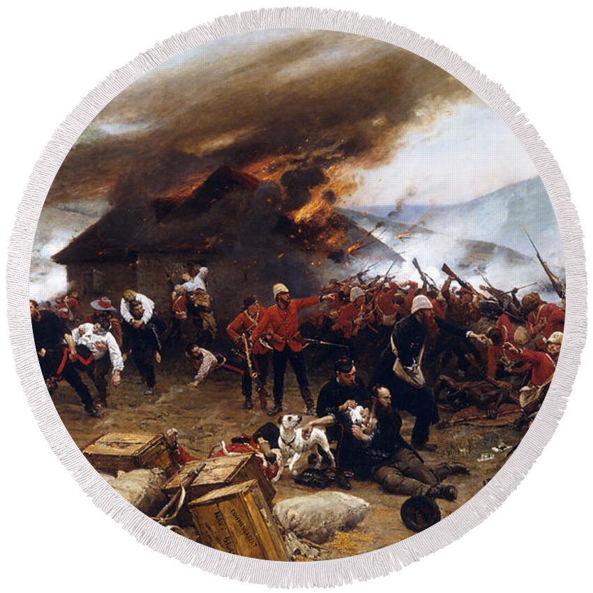 The Defence Of Rorke's Drift 1879 By Alphonse De Neuville Round Beach Towel featuring the painting The Defence Of Rorke's Drift 1879 #1 by Celestial Images