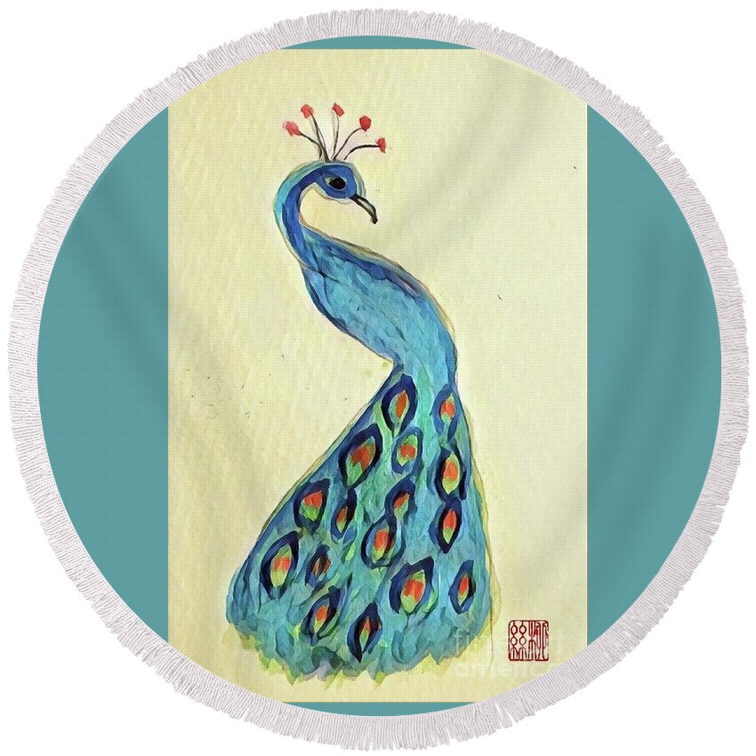 Peacock Round Beach Towel featuring the painting The Eyes of the Stars #1 by Margaret Welsh Willowsilk
