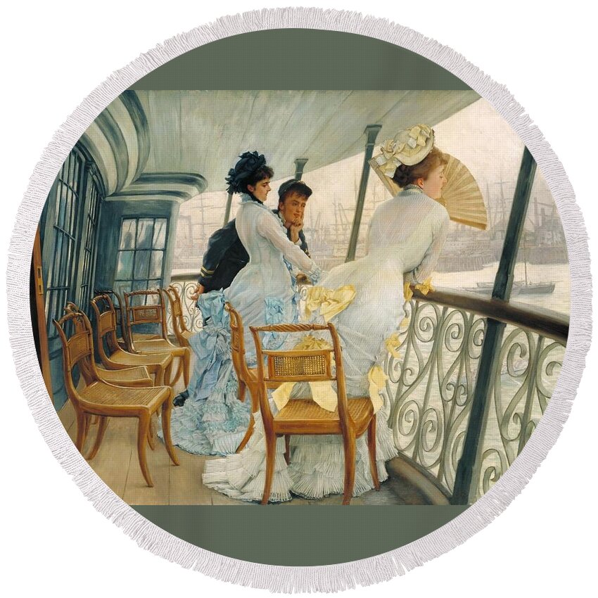 James Tissot Round Beach Towel featuring the painting The Gallery of HMS Calcutta by James Tissot