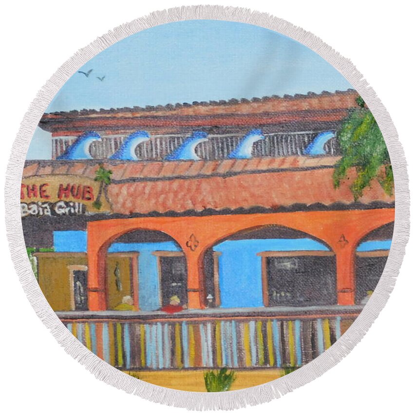 The Hub Round Beach Towel featuring the painting The Hub On Siesta Key #1 by Lloyd Dobson