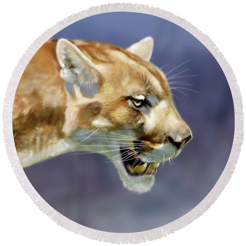 Cougar Round Beach Towel featuring the painting The Huntress by Arie Van der Wijst