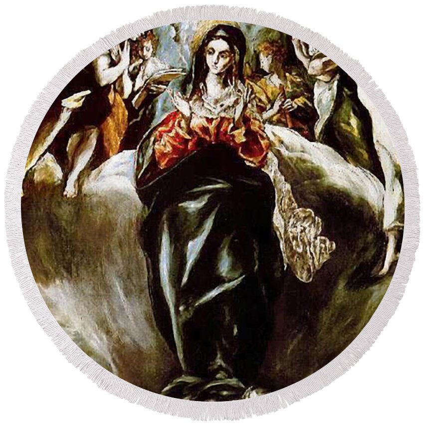 Immaculate Conception Round Beach Towel featuring the mixed media The Immaculate Conception Virgin Mary Assumption 102 by El Greco