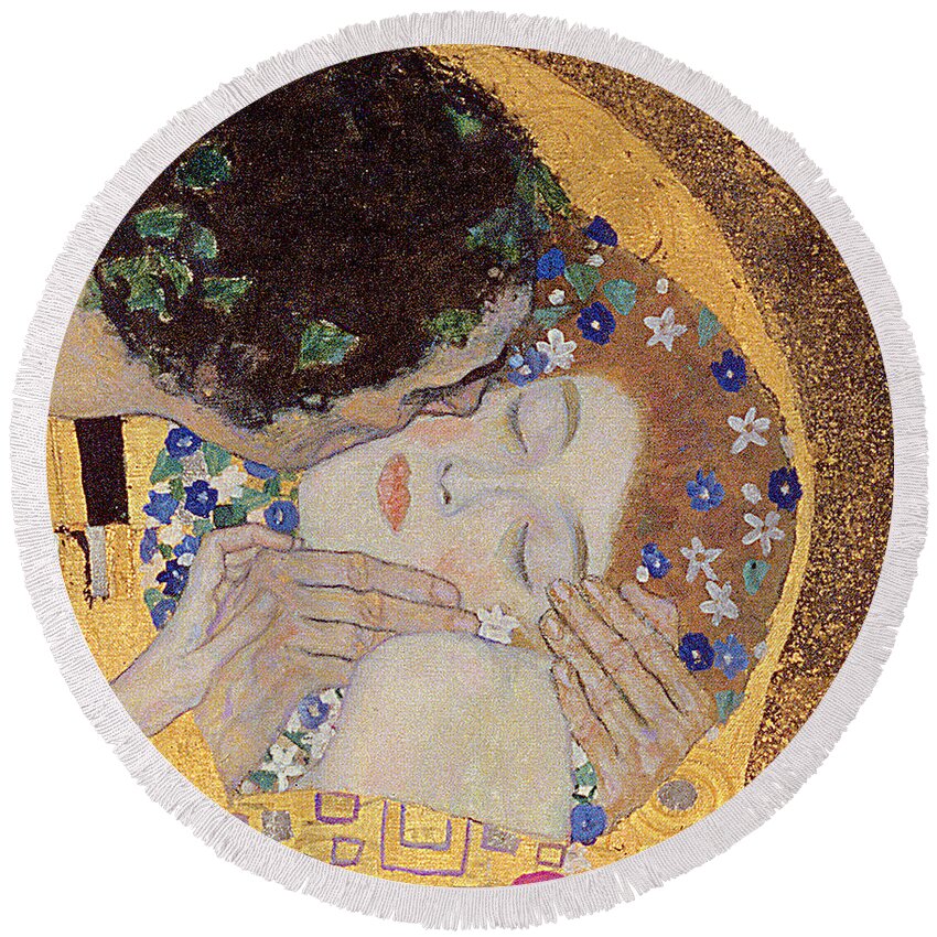 Klimt Round Beach Towel featuring the painting The Kiss by Gustav Klimt