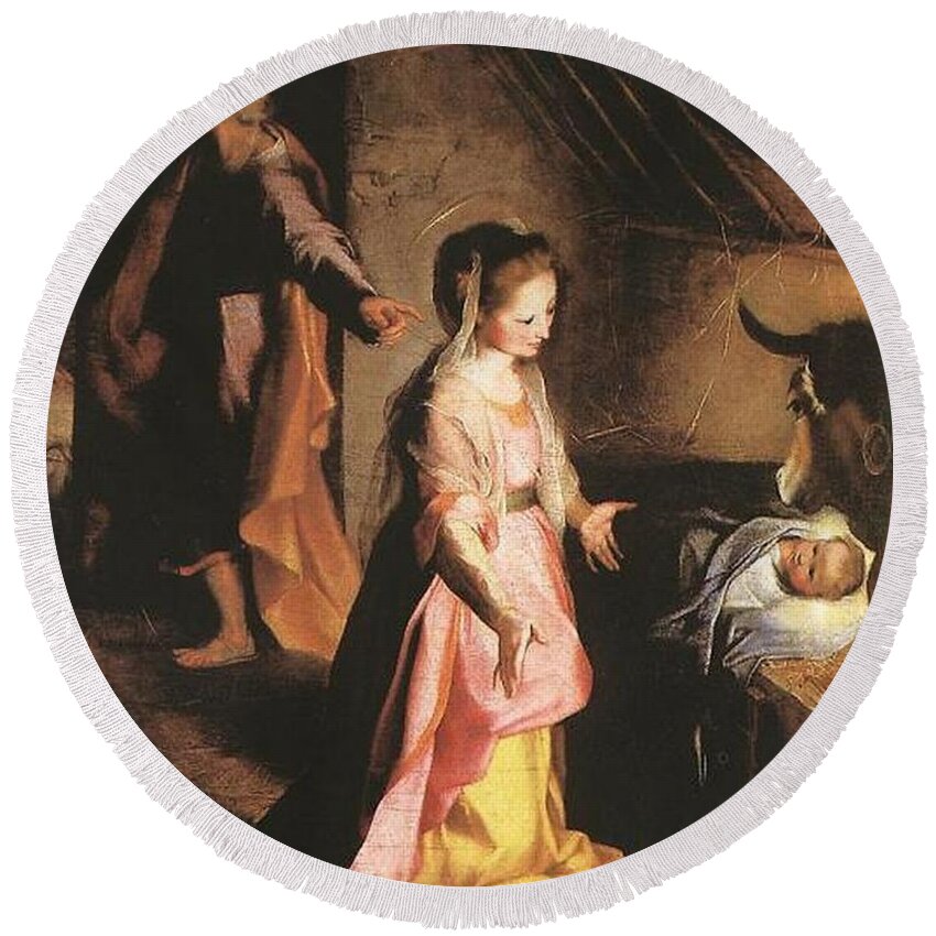 Nativity Round Beach Towel featuring the painting The Nativity by Federico Barocci