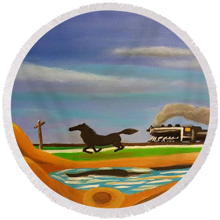 Horse Round Beach Towel featuring the painting The Race #1 by Margaret Harmon