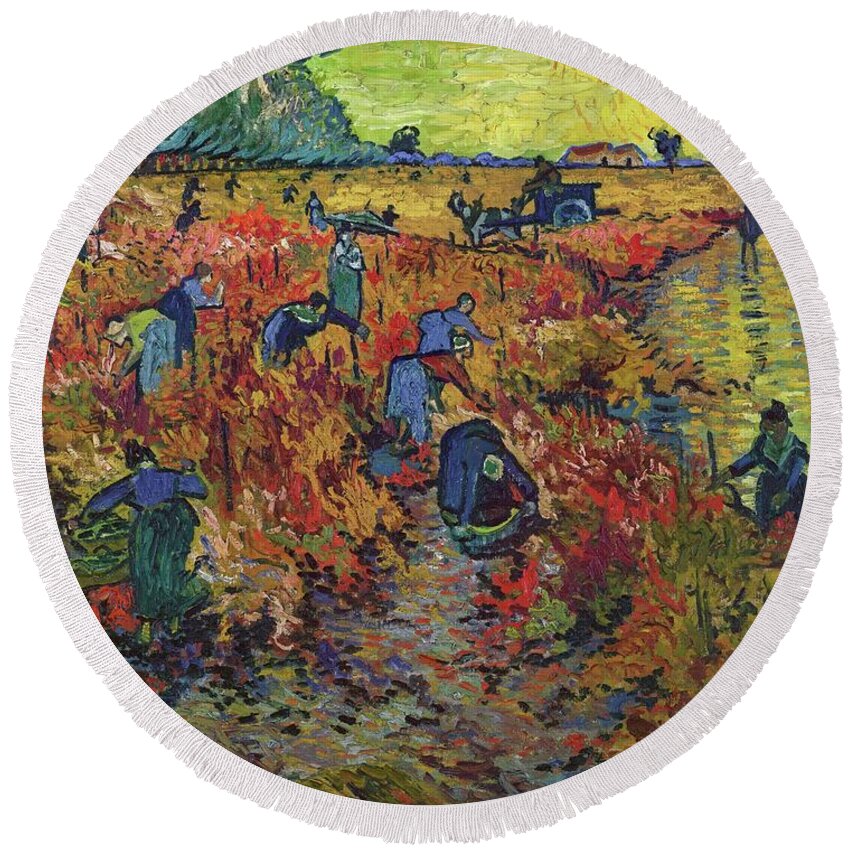 Red Round Beach Towel featuring the painting The Red Vineyard #6 by Vincent Van Gogh