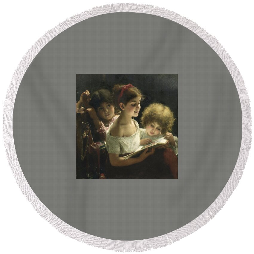 Alexei Alexeevich Harlamoff (russian Round Beach Towel featuring the painting The story book by Alexei Alexeevich