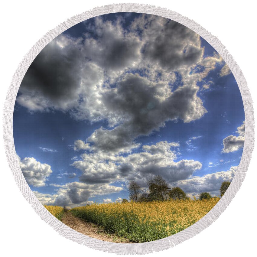 Oil Seed Rape Round Beach Towel featuring the photograph The Summers Day Farm #1 by David Pyatt
