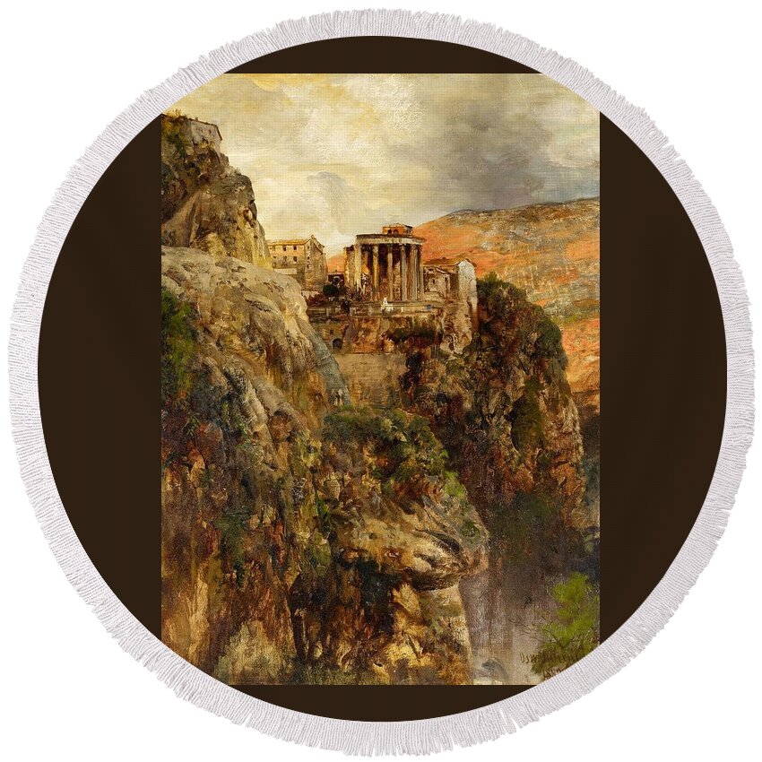 Oswald Achenbach Round Beach Towel featuring the painting The Temple of Vesta in Tivoli #1 by Oswald Achenbach