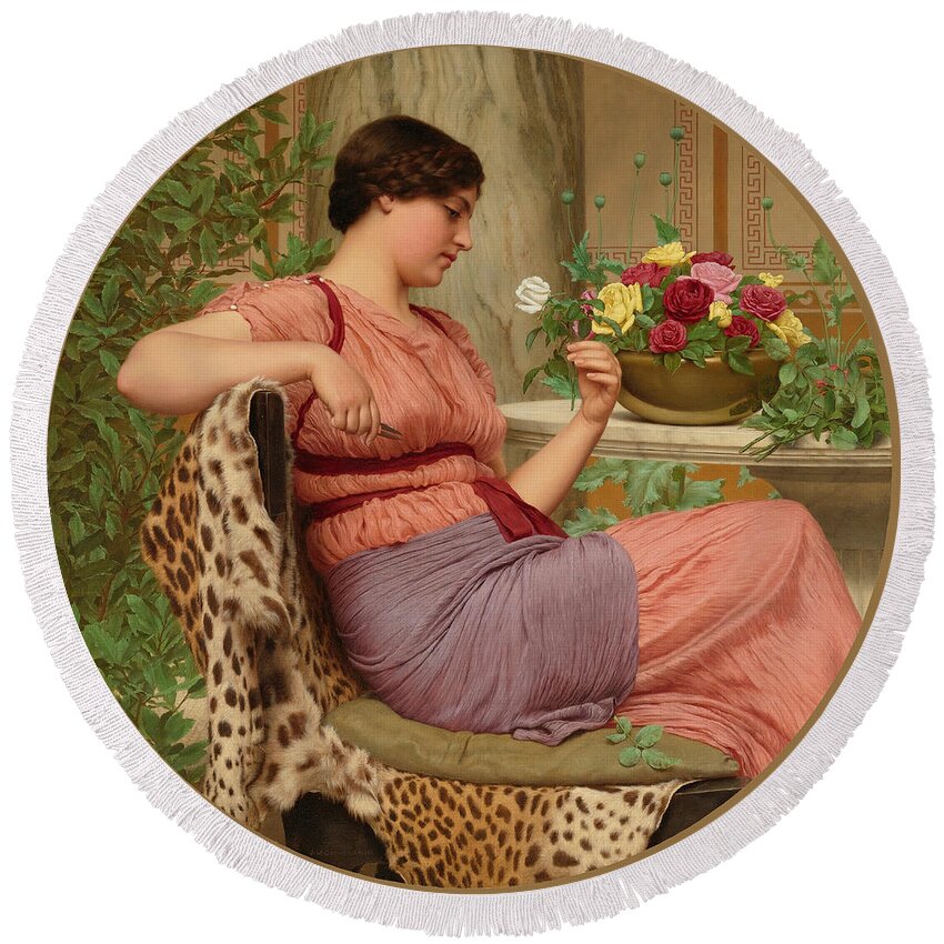 John William Godward Round Beach Towel featuring the painting The Time of Roses #1 by John William Godward