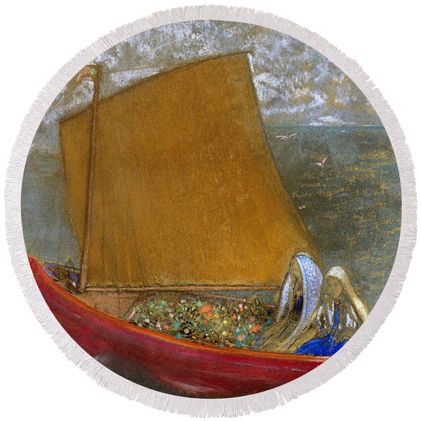 Odilon Redon Round Beach Towel featuring the drawing The Yellow Sail #2 by Odilon Redon