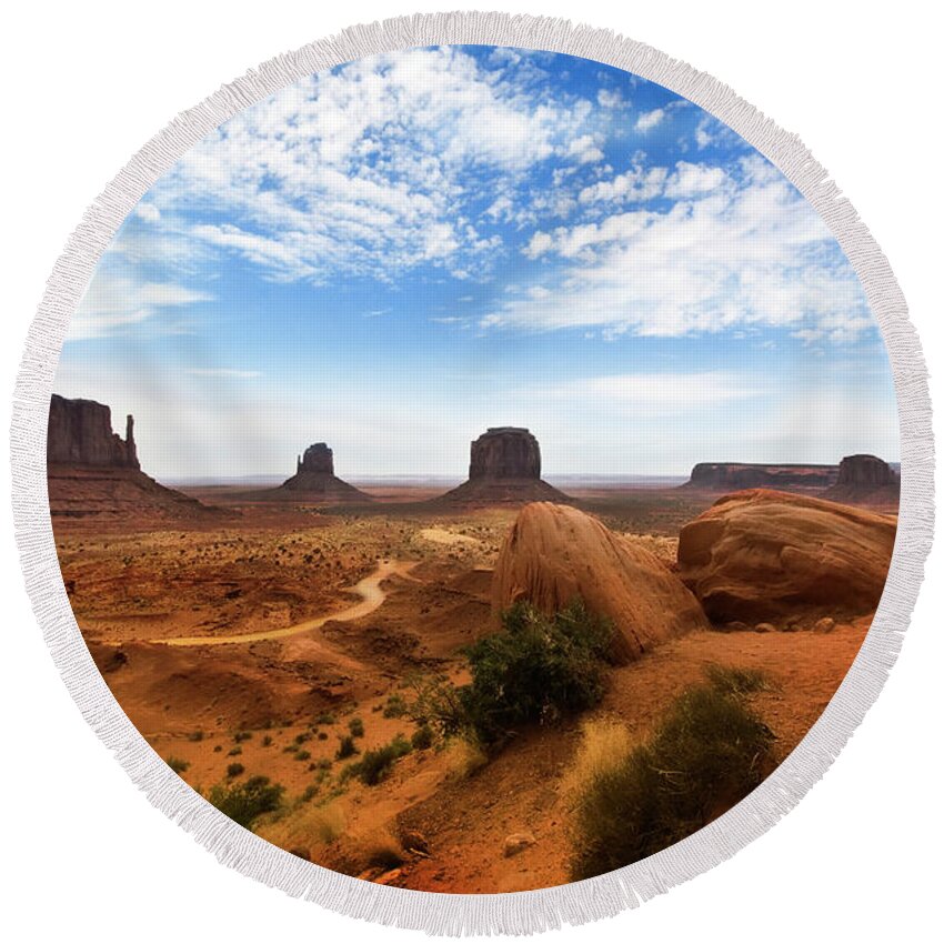 Monument Valley Round Beach Towel featuring the photograph Thin Line by Micah Offman