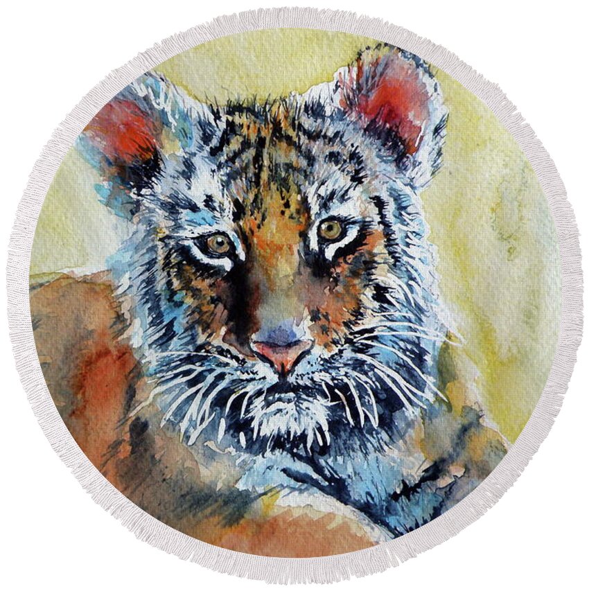 Tiger Round Beach Towel featuring the painting Tiger cub #1 by Kovacs Anna Brigitta