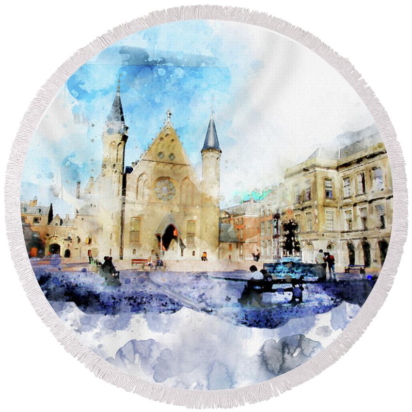 Netherlands Round Beach Towel featuring the digital art Town Life In Watercolor Style #2 by Ariadna De Raadt