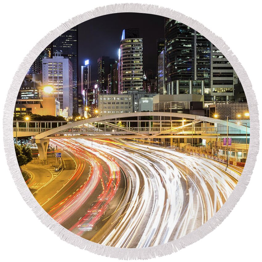 China Round Beach Towel featuring the photograph Traffic rushing in in the Central business district in Hong Kong #1 by Didier Marti