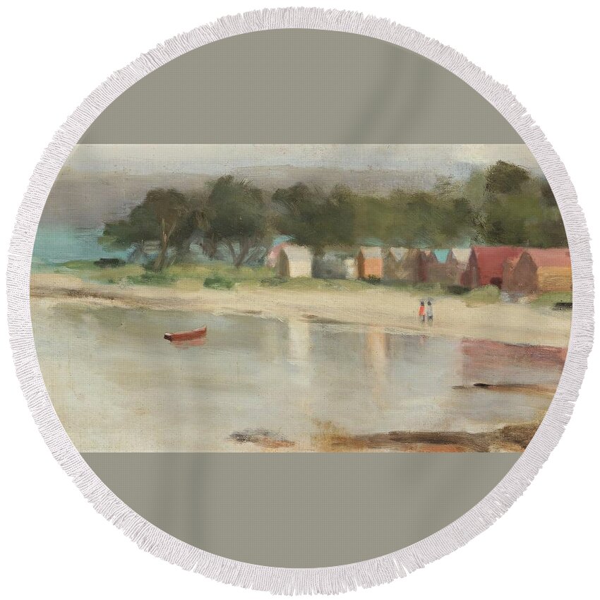 Clarice Beckett - Ti-tree At Evening (beaumaris) Round Beach Towel featuring the painting Tree At Evening by MotionAge Designs
