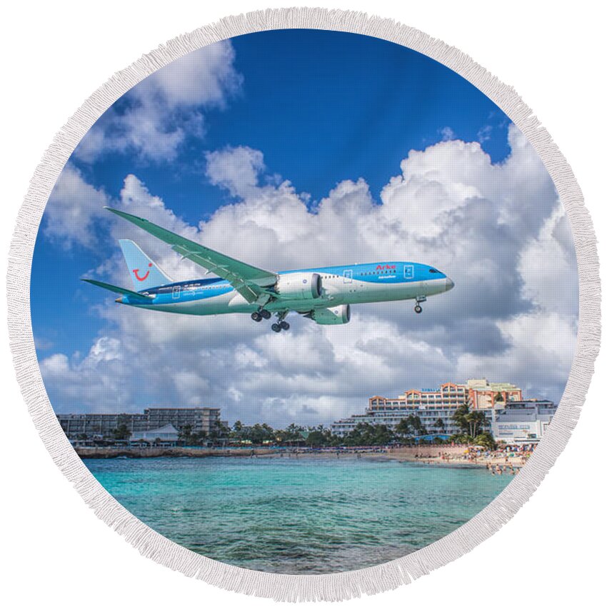 Tui Airlines Round Beach Towel featuring the photograph TUI Airlines Netherlands landing at St. Maarten airport. #1 by David Gleeson