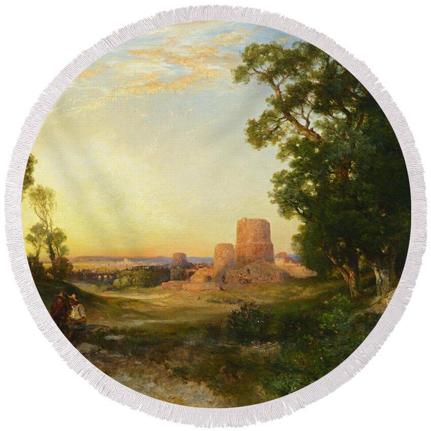 Thomas Moran Round Beach Towel featuring the painting Tula the Ancient Capital of Mexico #2 by Thomas Moran