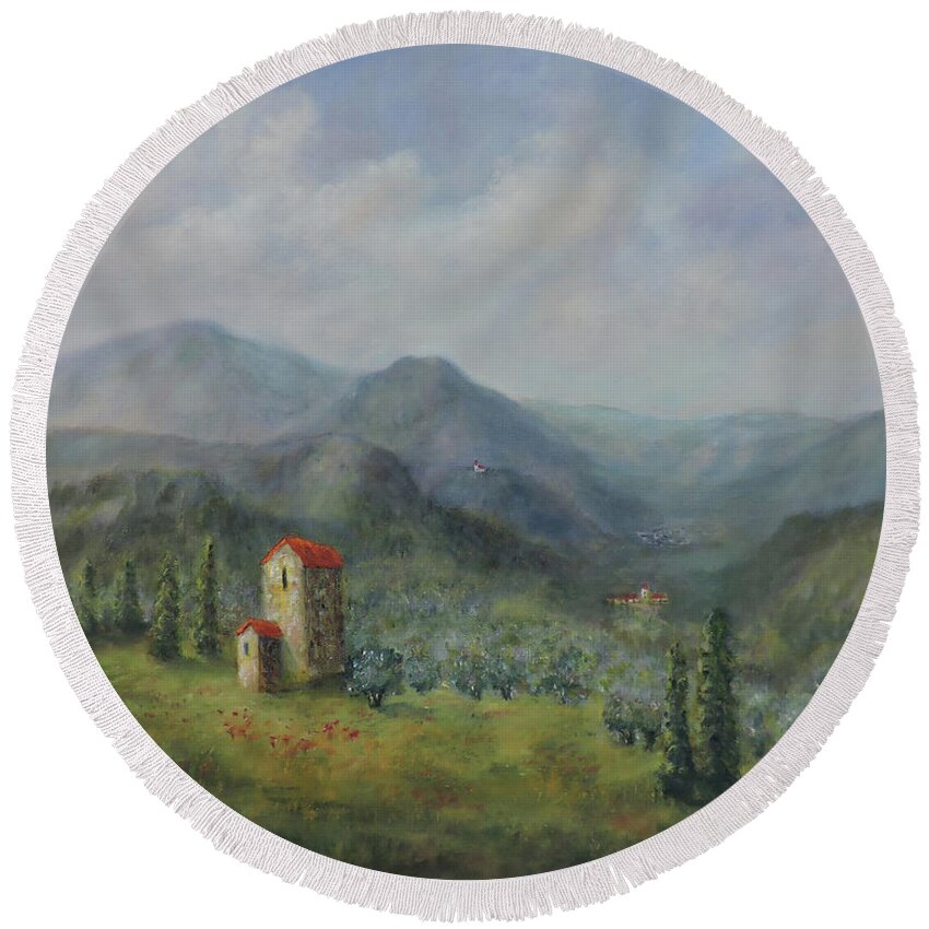 Painting Round Beach Towel featuring the painting Tuscany Italy Olive Groves #1 by Katalin Luczay
