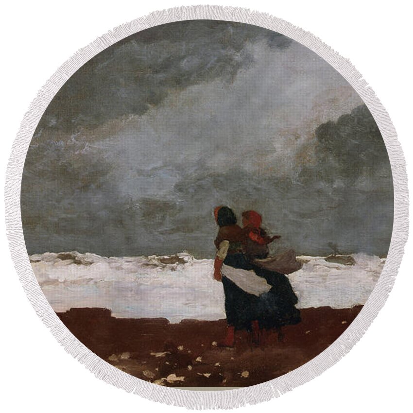 Winslow Homer Round Beach Towel featuring the painting Two Figures by the Sea #2 by Winslow Homer