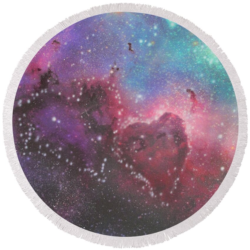 Stars Round Beach Towel featuring the painting Two Hearts Nebula #2 by Angie Hamlin