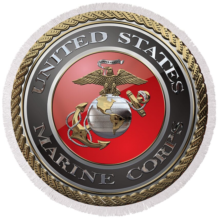 'usmc' Collection By Serge Averbukh Round Beach Towel featuring the digital art U. S. Marine Corps - U S M C Emblem over White Leather by Serge Averbukh