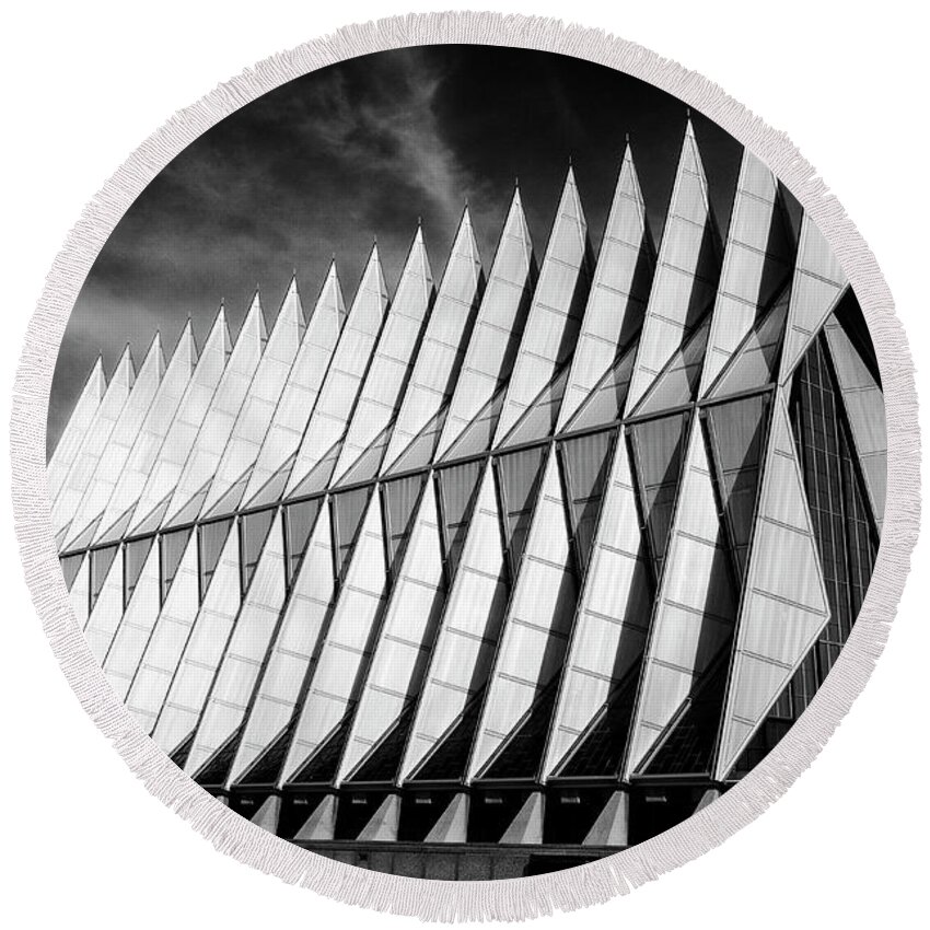 Architecture Round Beach Towel featuring the photograph United States Air Force Academy Cadet Chapel 5 by Bob Christopher