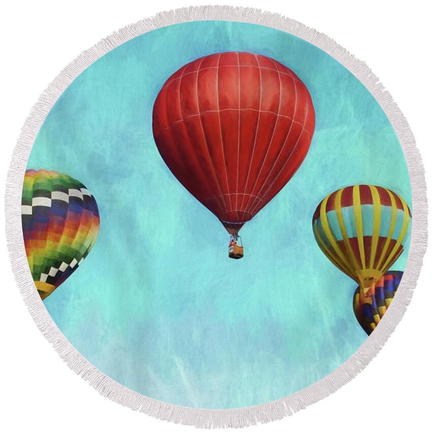 Hot Air Balloon Round Beach Towel featuring the photograph Up Up and Away 2 by Benanne Stiens
