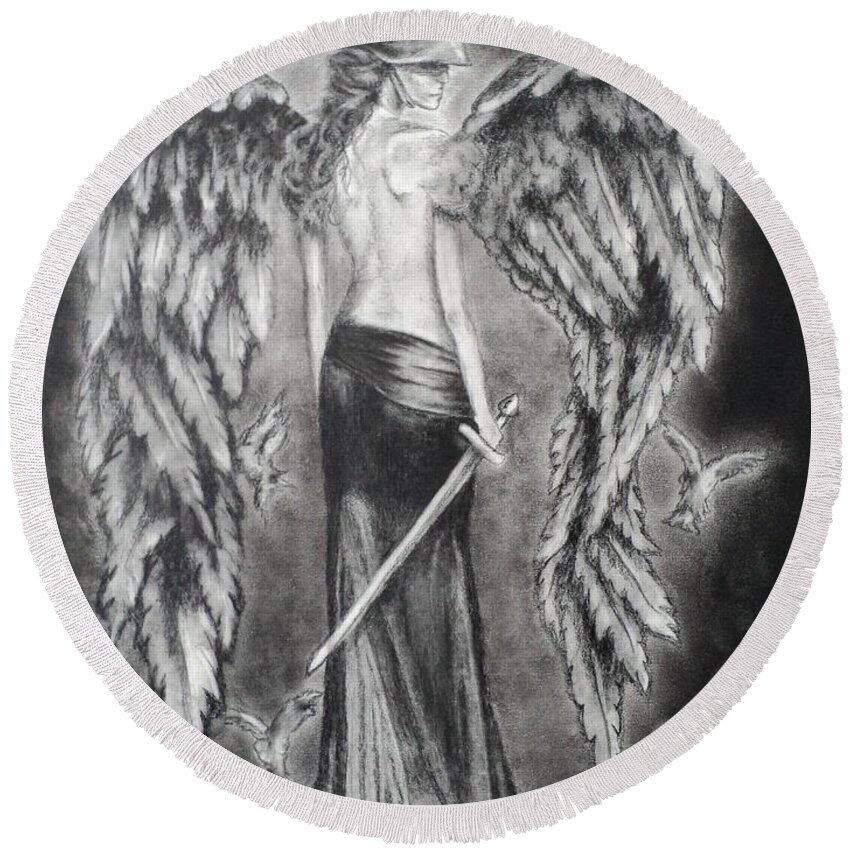 Charcoal Round Beach Towel featuring the drawing Valkyrie Angel by Carla Carson