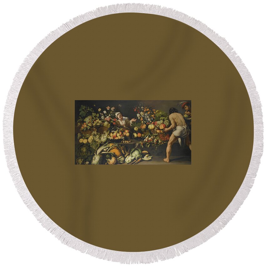 Italo - Flemish School Round Beach Towel featuring the painting Vegetables And Flowers Arranged by MotionAge Designs