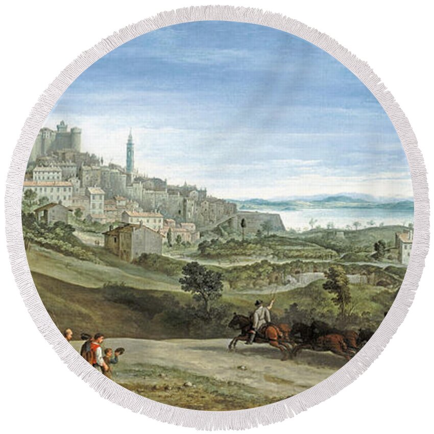 Paul Bril Round Beach Towel featuring the painting View of Bracciano #2 by Paul Bril