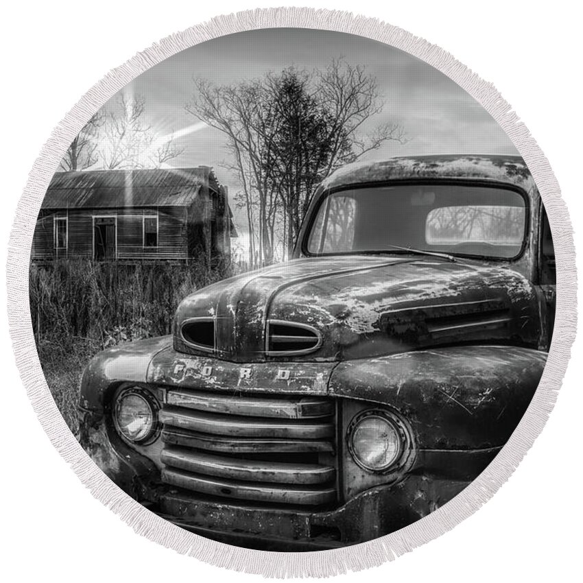 1948 Round Beach Towel featuring the photograph Vintage Classic Ford Pickup Truck in Black and White by Debra and Dave Vanderlaan