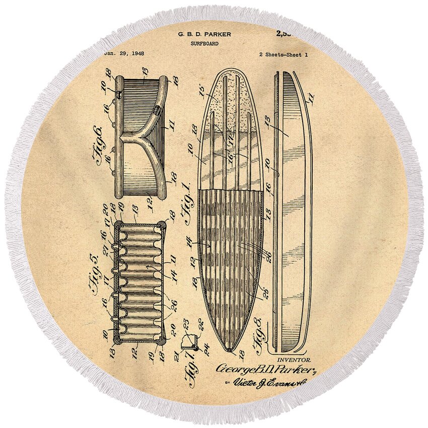 Vintage Round Beach Towel featuring the photograph Vintage Surf Board Patent 1950 #1 by Bill Cannon