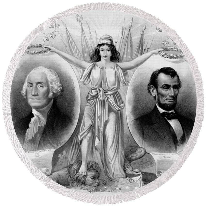 Abraham Lincoln Round Beach Towel featuring the drawing Washington and Lincoln by War Is Hell Store