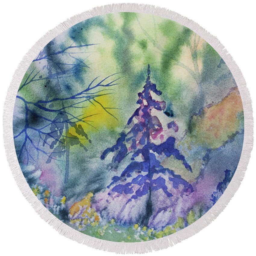 Forest Round Beach Towel featuring the painting Watercolor - Whimsical Forest #1 by Cascade Colors