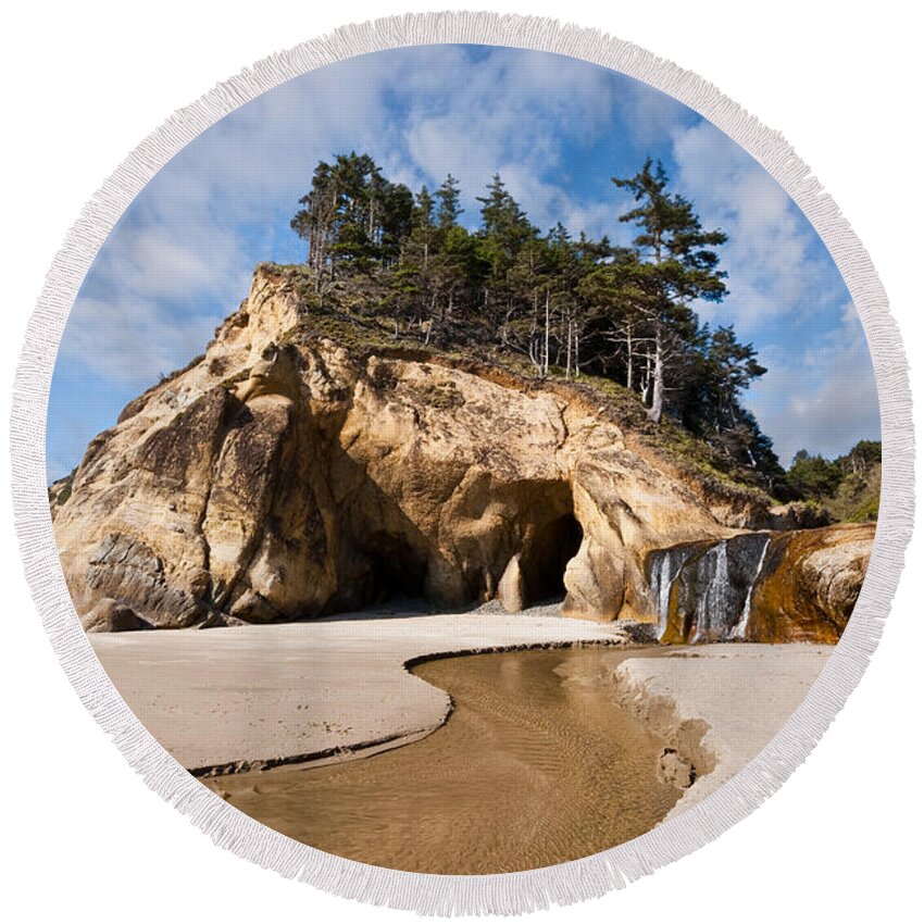 Beach Round Beach Towel featuring the photograph Waterfall Flowing into the Pacific Ocean by Jeff Goulden
