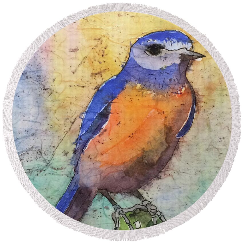 Western Bluebird;bird;bluebird; Blue;orange;green Round Beach Towel featuring the painting Western Bluebird by Ann Nunziata