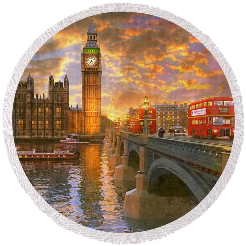London Round Beach Towel featuring the digital art Westminster Sunset #1 by MGL Meiklejohn Graphics Licensing