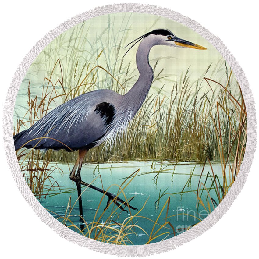 Great Blue Heron Round Beach Towel featuring the painting Wetland Beauty by James Williamson