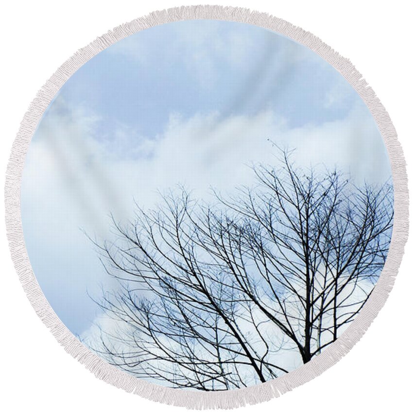 Winter Fall White Sky Round Beach Towel featuring the photograph Winter Tree by Adelista J