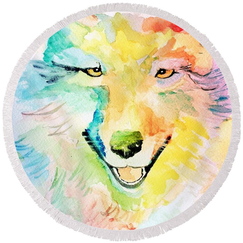 Wolf Round Beach Towel featuring the painting Wolfie #1 by Denise Tomasura