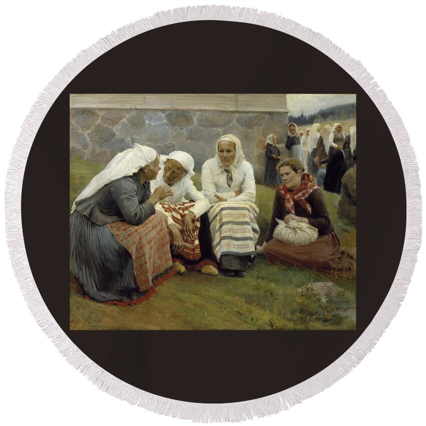 Albert Edelfelt Round Beach Towel featuring the painting Women Outside the Church at Ruokolahti by MotionAge Designs