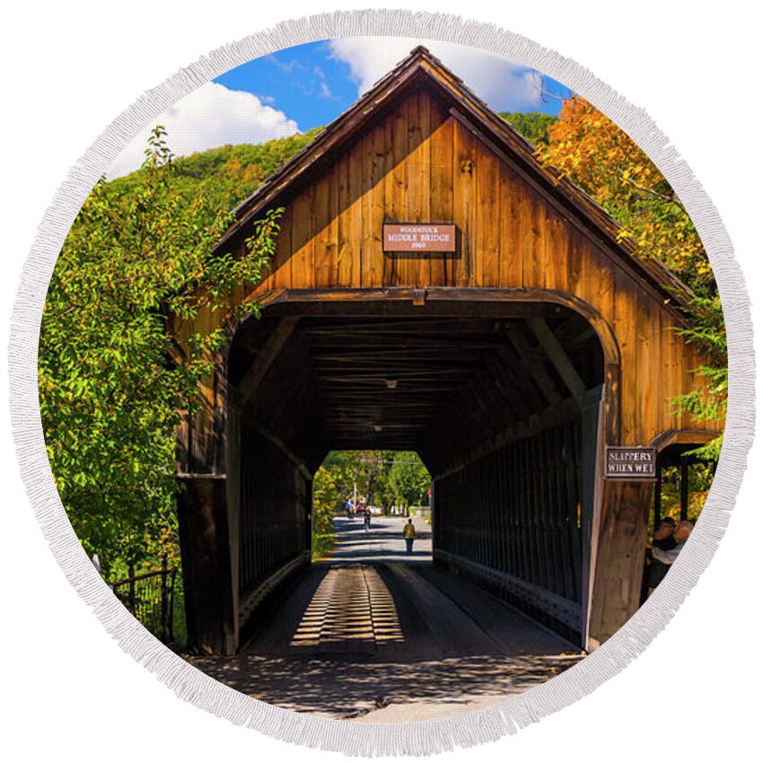 Fall Foliage Round Beach Towel featuring the photograph Woodstock Middle Bridge #6 by Scenic Vermont Photography