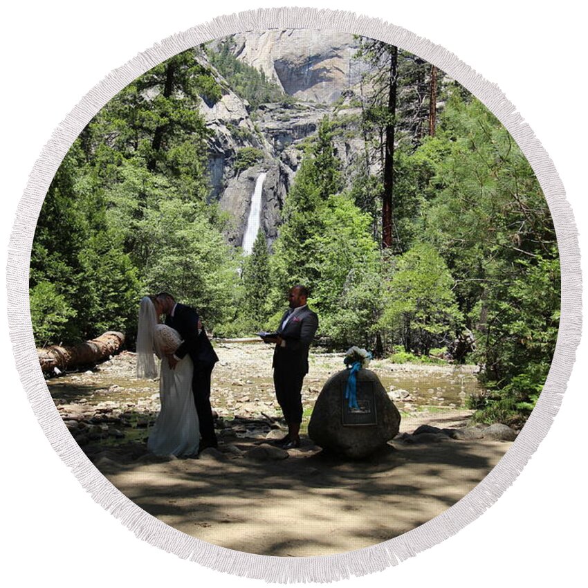  Round Beach Towel featuring the painting Yosemite Wedding #1 by Travis Day