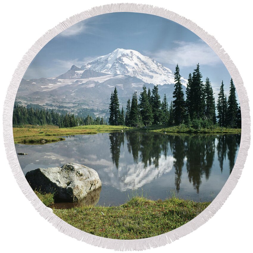 104862h Round Beach Towel featuring the photograph 104862-H Mt. Rainier Spray Park Reflect by Ed Cooper Photography