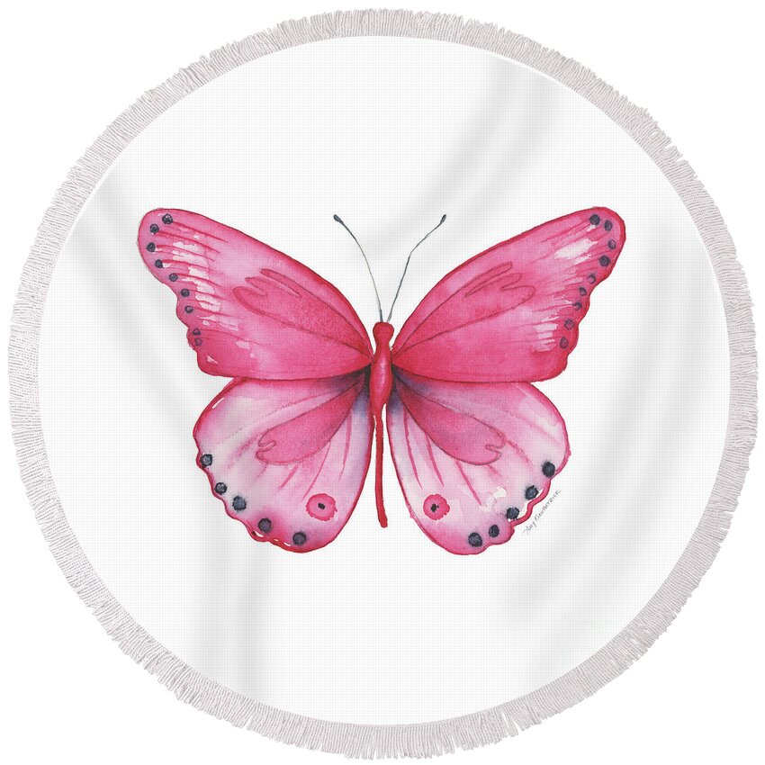 Pink Butterfly Round Beach Towel featuring the painting 107 Pink Genus Butterfly by Amy Kirkpatrick