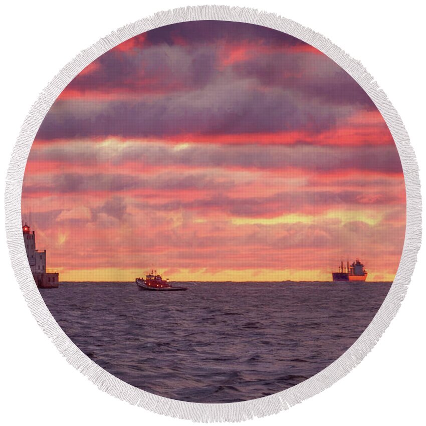 Lake Michigan Round Beach Towel featuring the photograph Ship passing by Kristine Hinrichs