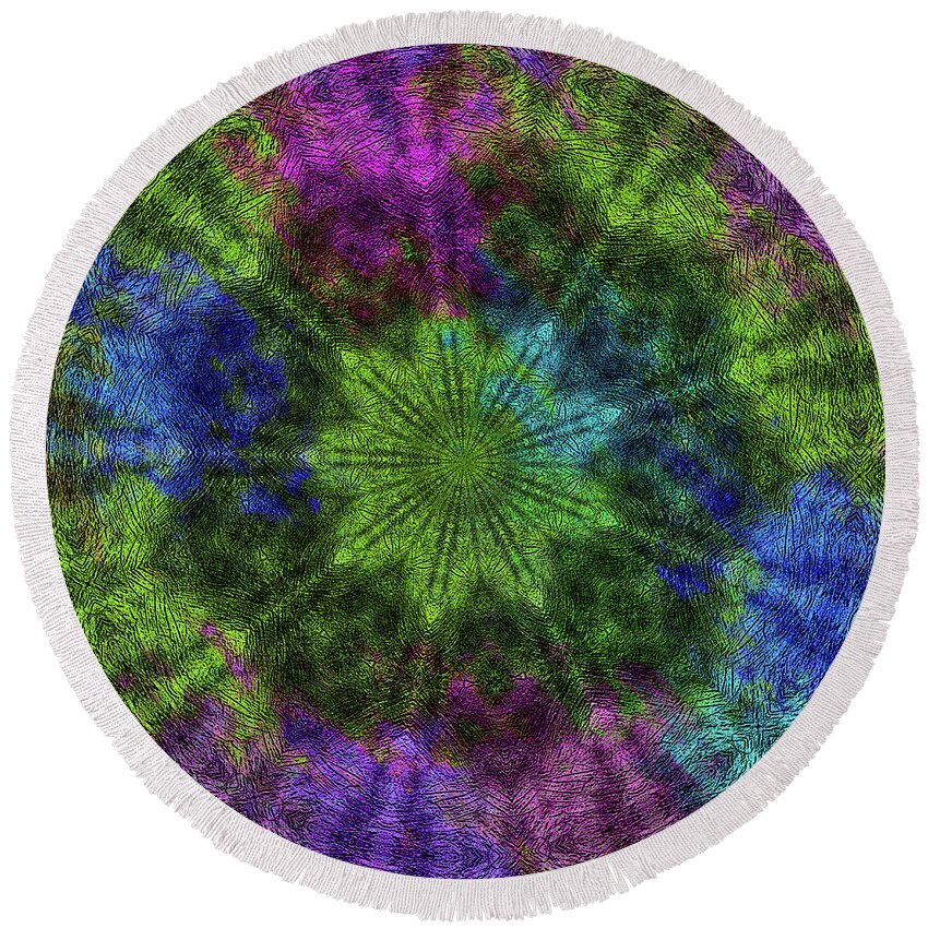 Abstract Round Beach Towel featuring the digital art 11350 Abstract Colours Kaleidoscope by Colin Hunt