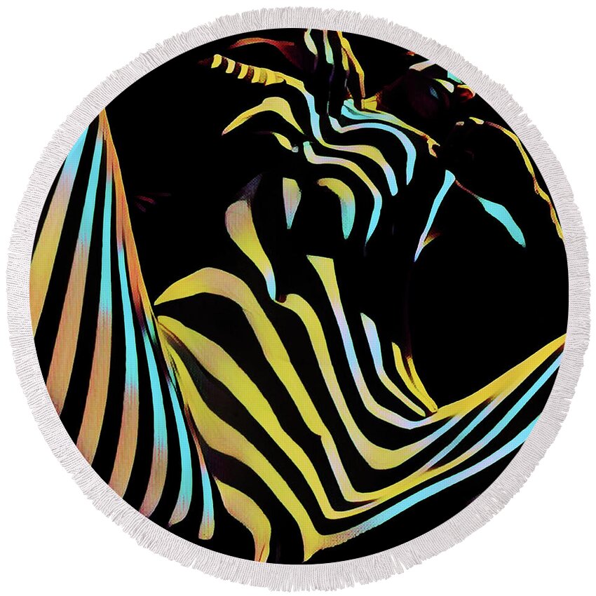 Colorful Round Beach Towel featuring the digital art 1149s-AK Dramatic Zebra Striped Woman Rendered in Composition Style by Chris Maher